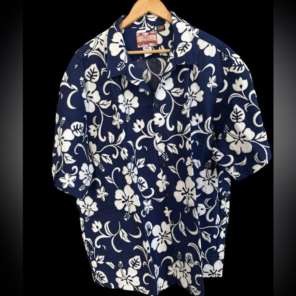 RJC Hawaiian Aloha Shirt 4XL Blue White Floral Button Front Made in Hawaii USA